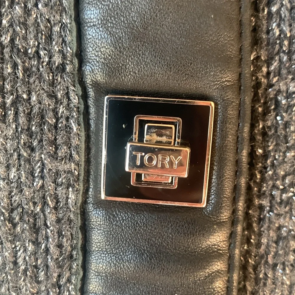 Tory Burch metallic cardigan with faux leather trim and toggle closures. - Picture 3 of 9